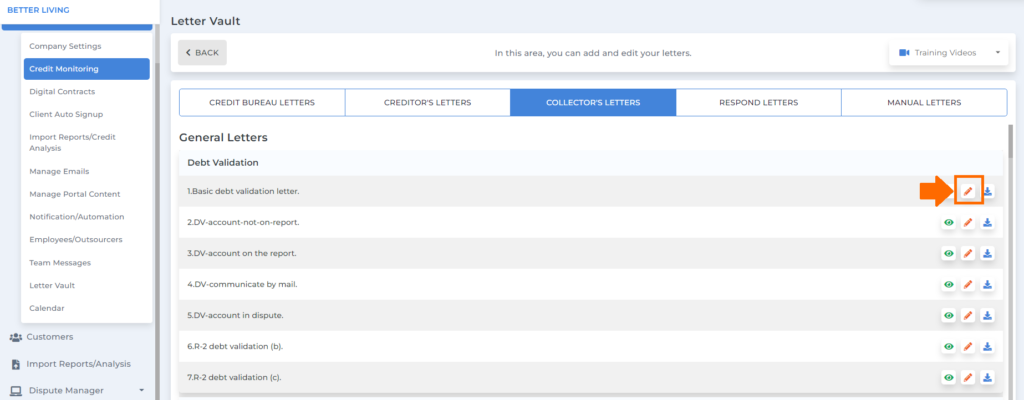 edit option to edit creditor letters as per the credit repair business plan