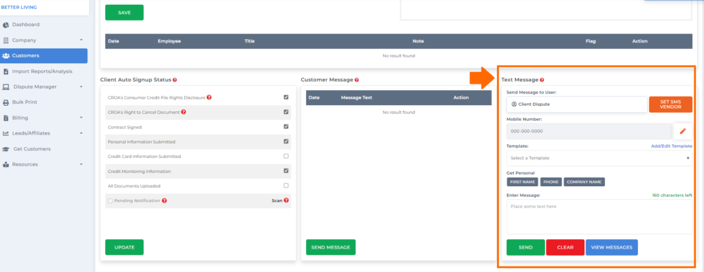 send sms to a customer using client dispute manager software