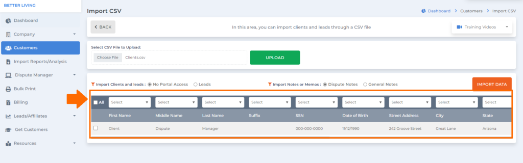 csv file on client dispute manager