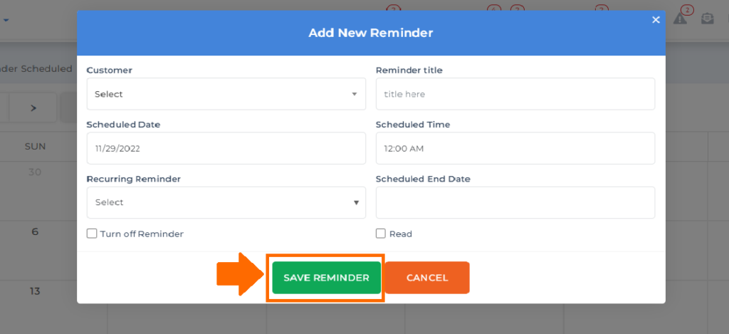 save reminder button on client dispute manager software for business