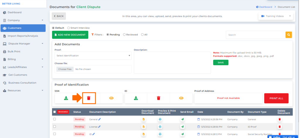 delete icon on client dispute manager software