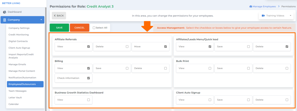 employee access features on Client Dispute Manager for Business