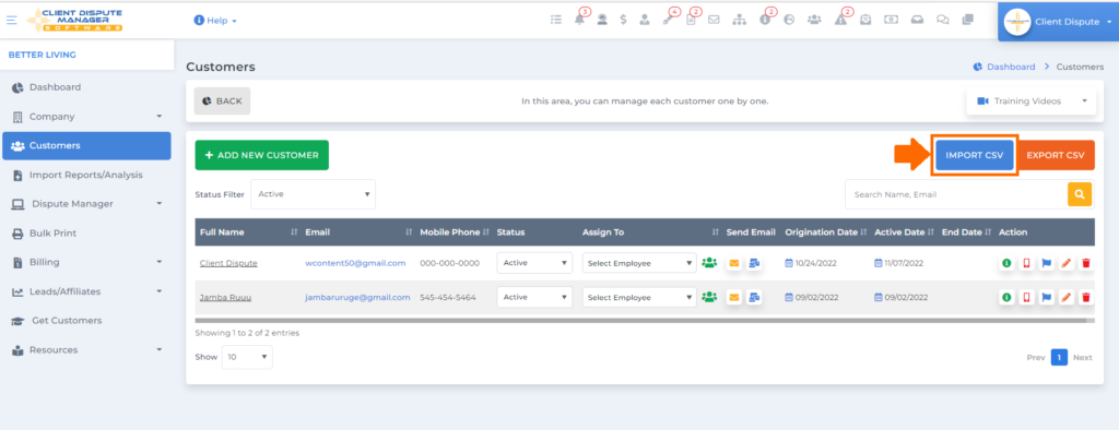 Import CSV button on client dispute manager software for business