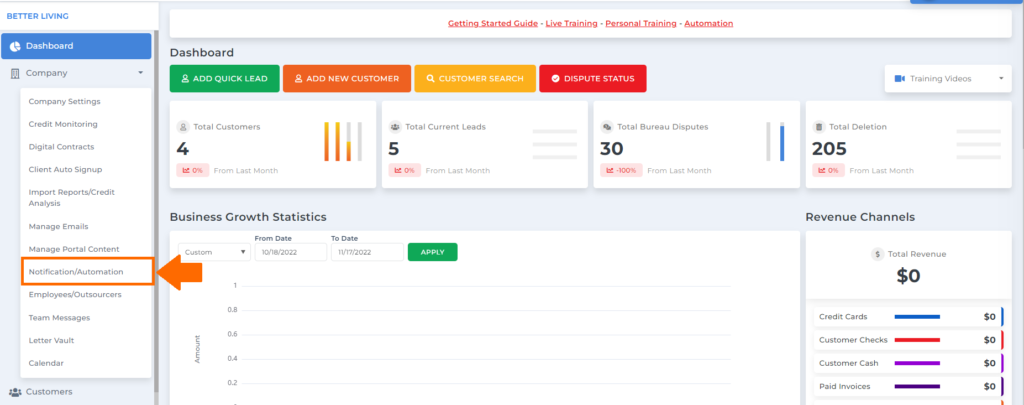 notification or automation tab on client dispute manager software