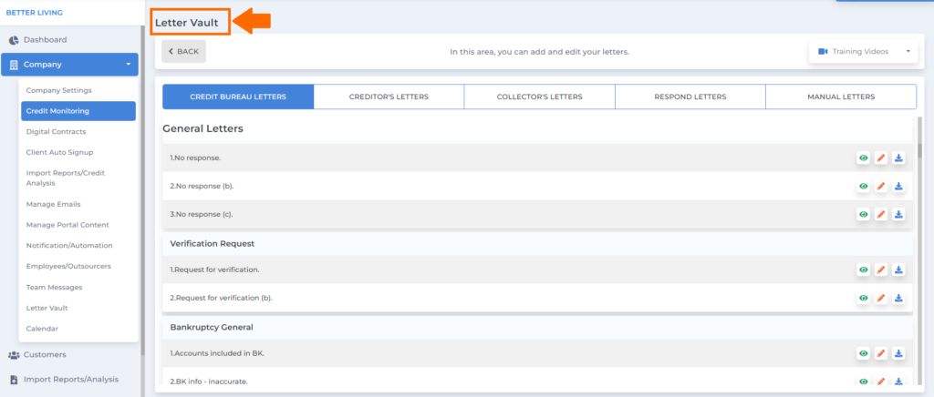 letter vault dashboard on client dispute manager software