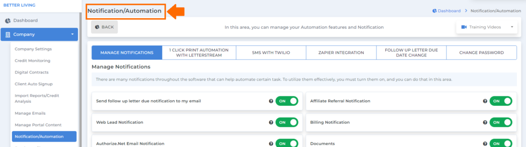 notification & automation screen