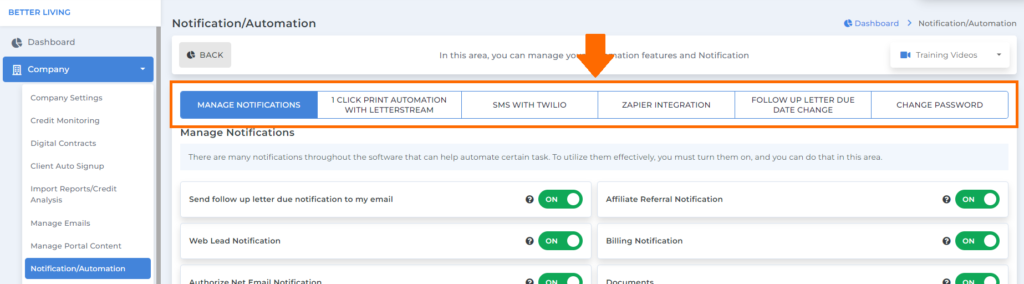 types of notification on notification screen on software for credit repair business