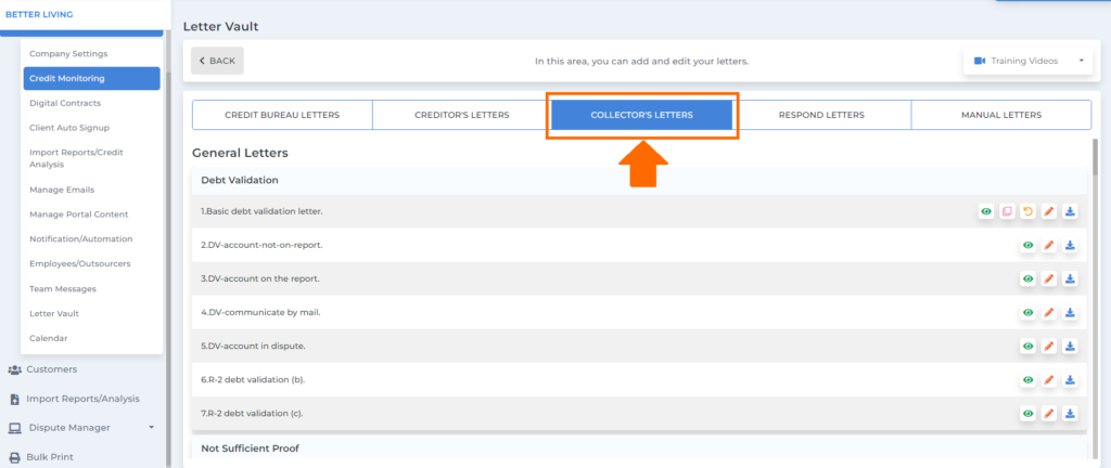 collectors letter screen on client dispute manager for business