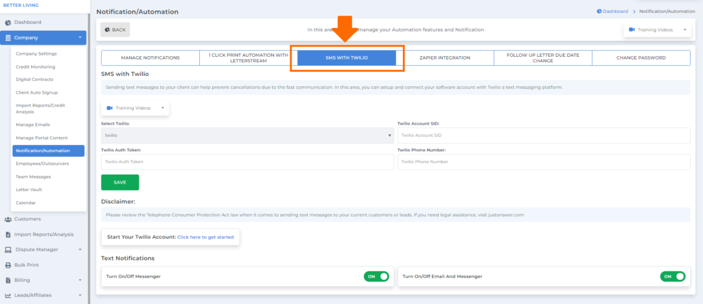 sms with twilio on client dispute manager software