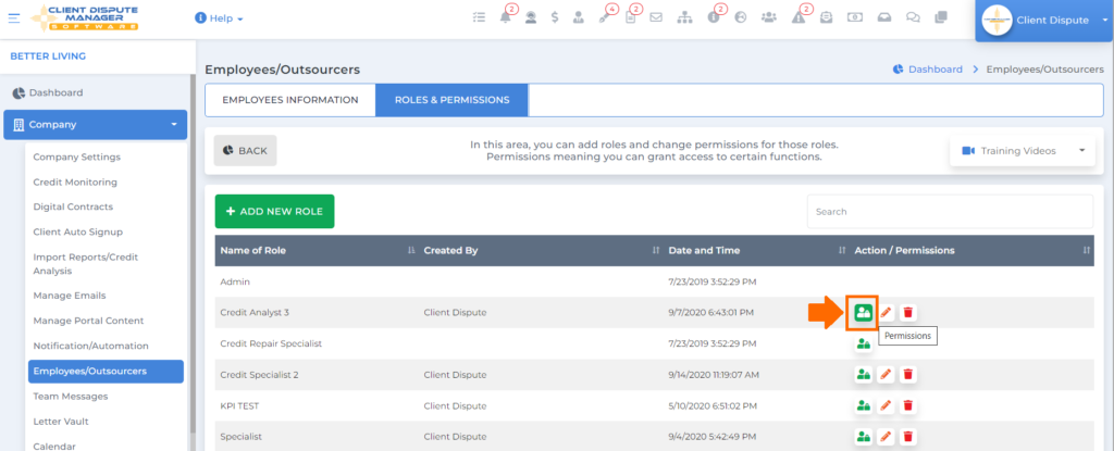 permission icon on client dispute manager software