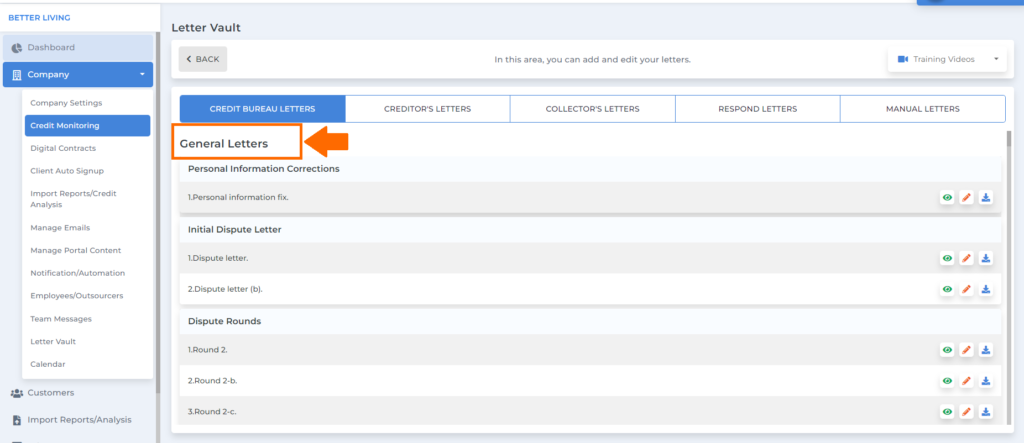 General Letters for client dispute manager software