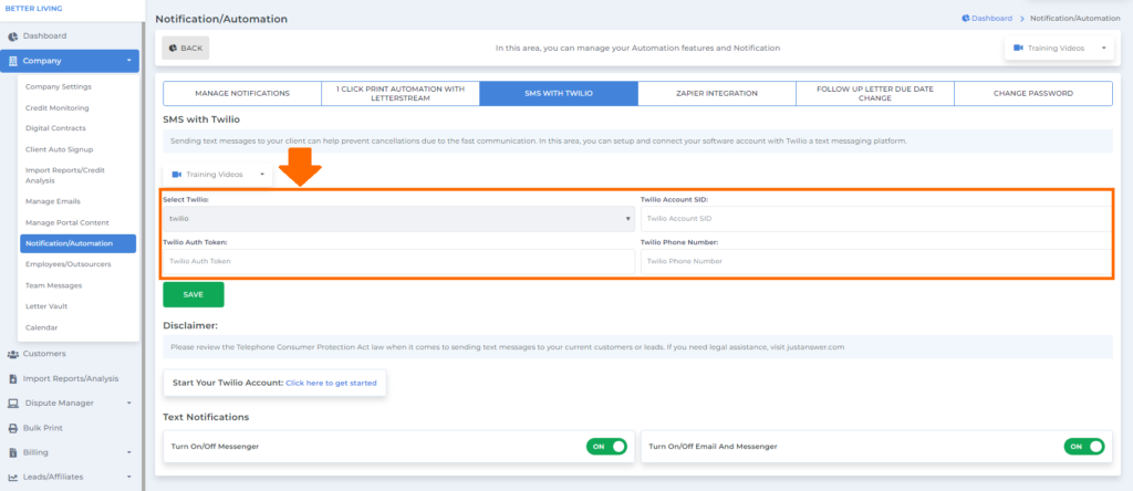 twilio auth token on software for credit repair business