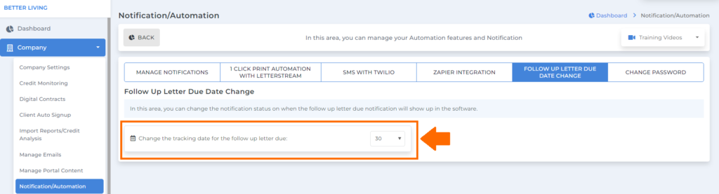 number of days follow up letter due notification on client dispute manager software