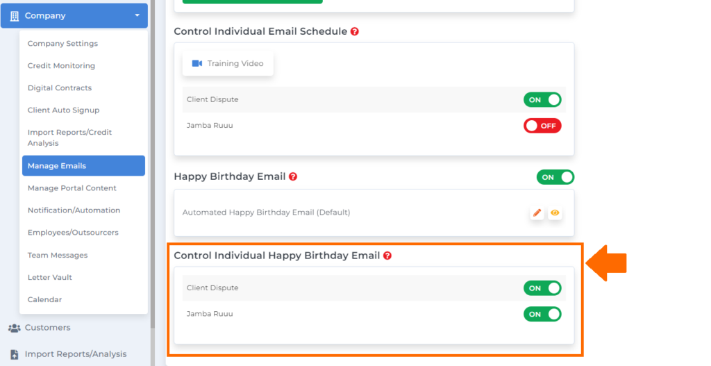 client dispute manager automated birthday email feature