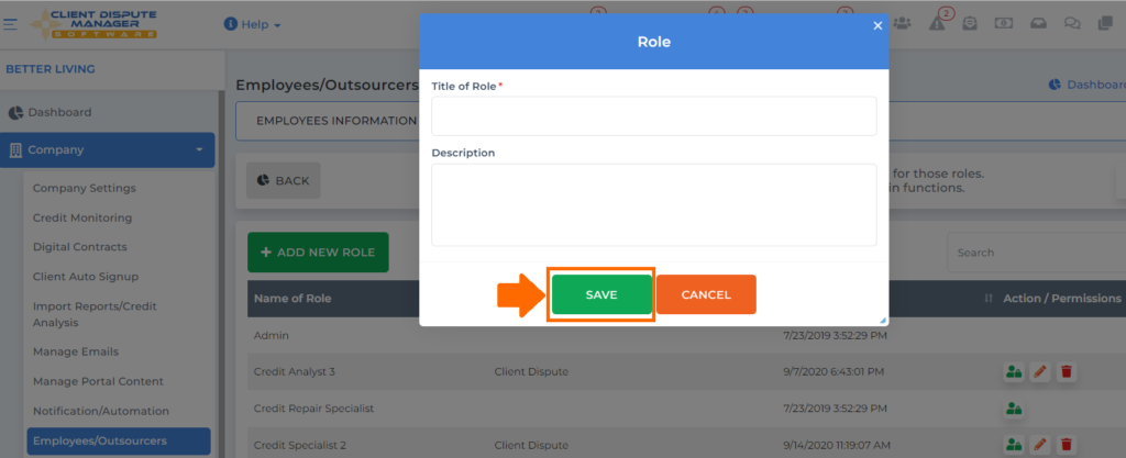 save button option on client dispute manager software