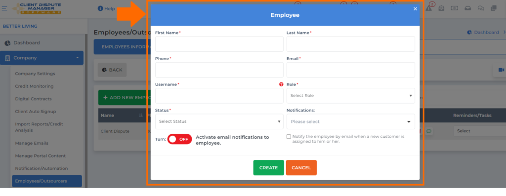 popup box for employee information on Client Dispute Manager for Business