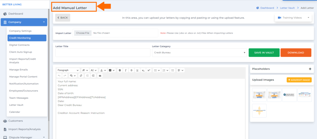 add manual letter section on credit repair software for business