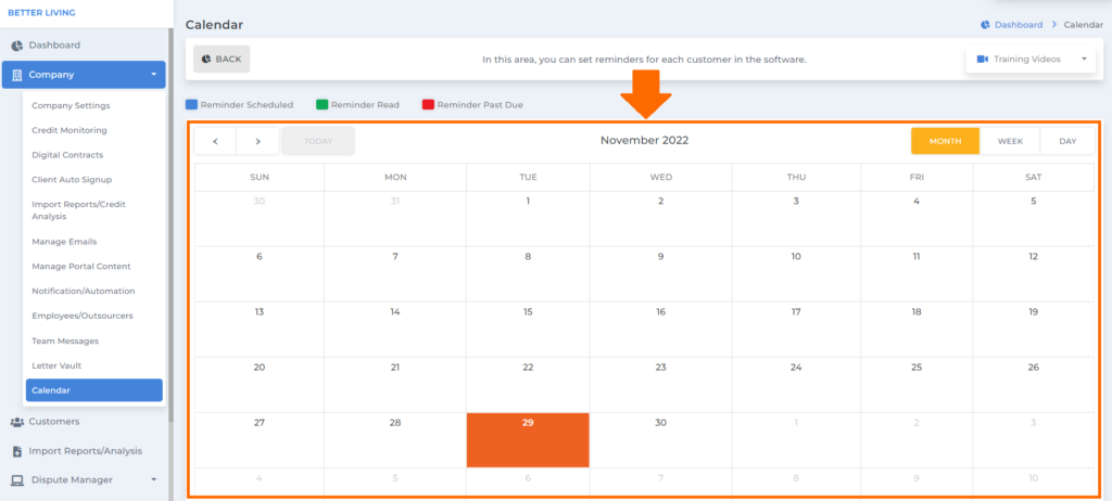 pick a date for reminder on Client Dispute Manager Software for Business