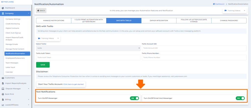 turn on notification on client dispute manager