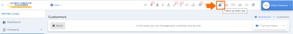 notification icon for the follow up icon on client dispute manager software