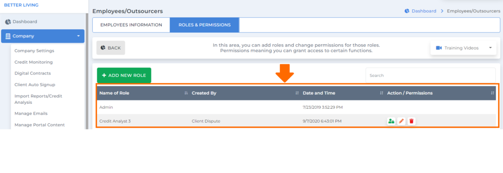 roles add table as per credit business plan