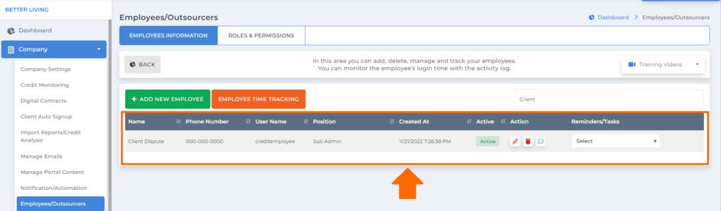 employee information box table on credit repair business plan