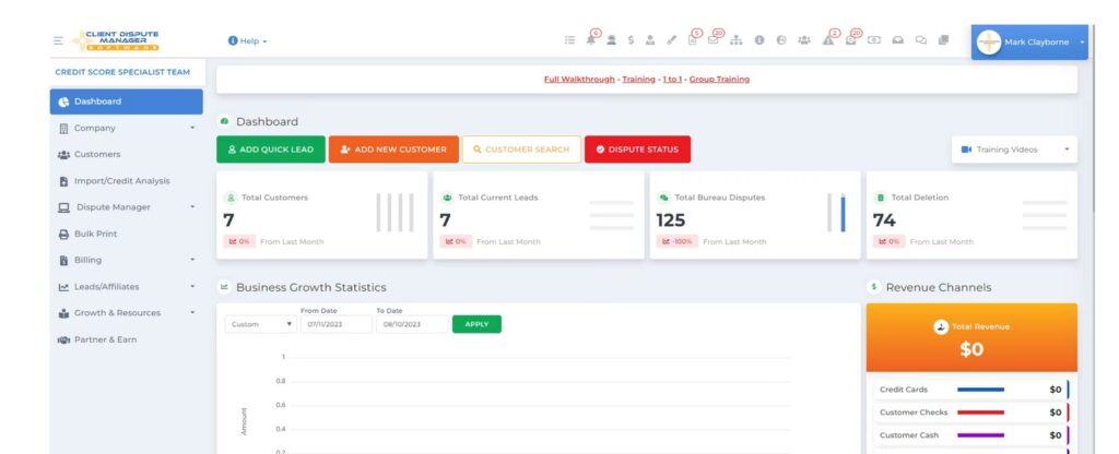 client dispute manager software dashboard