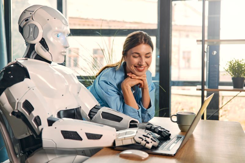The image shows a collaborative scene that perfectly encapsulates the innovative integration of "Credit Repair with AI" into everyday tasks. A humanoid robot and a woman are pictured working together at a desk, symbolizing the harmonious blend of artificial intelligence with human expertise to enhance the credit repair process. The woman, clad in a business casual blue shirt, exhibits a look of contentment as she views the laptop screen, indicative of the user-friendly nature of AI systems in credit repair strategies. The presence of the robot, with its sleek white and black design, represents the cutting-edge technology employed in AI-driven credit repair services. The scene suggests an environment where complex financial tasks are simplified through AI assistance, highlighting the efficiency and innovation that AI brings to the credit repair industry metro 2 attack letters