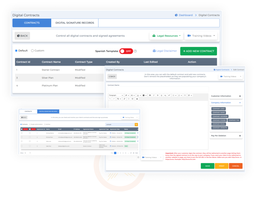 Digital contracts and signature tools in Client Dispute Manager Software for credit repair law, credit repair compliance, and FCRA compliance.