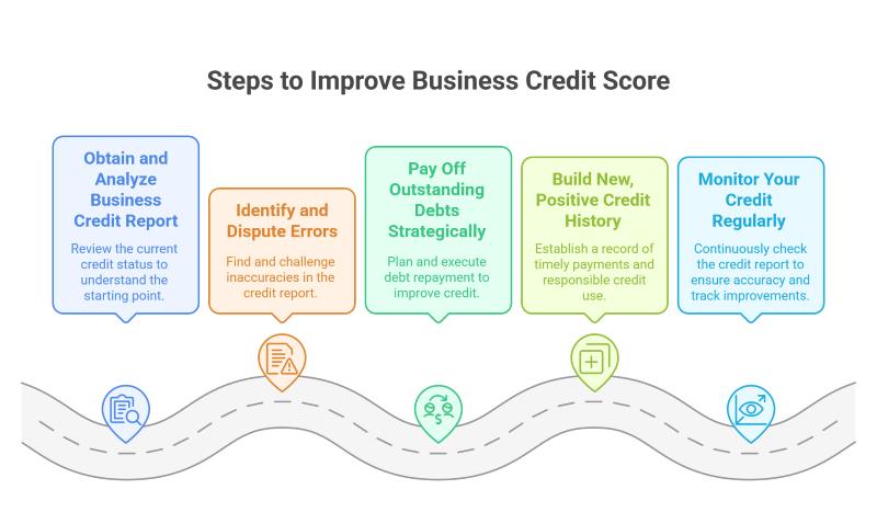 Step-by-Step Guide: How to Fix Business Credit and Improve Business Credit Score Fixing your business credit score is crucial for securing better financial opportunities. This section provides a step-by-step approach to effective business credit repair. By understanding how to fix business credit, how to clean up business credit, and how to improve business credit score, you can achieve a significant business credit boost and position your company for long-term success. Step #1: Obtain and Analyze Your Business Credit Report Request your report from the major credit bureaus. This is a critical step in the process of business credit repair. When reviewing your report, look for key indicators that might impact your credit score, such as incorrect payment records, unauthorized accounts, and outdated information. Understanding how to fix business credit starts with identifying these issues early. By regularly monitoring your credit report, you can take proactive steps to improve business credit score and implement strategies to achieve a sustainable business credit boost. Step #2: Identify and Dispute Errors If you find errors, you can dispute them by taking specific steps as part of your business credit repair process. Start by contacting the credit bureau to report the discrepancies. Next, gather and submit providing documentation that supports your claim, such as payment receipts or correspondence records. Lastly, ensure you are consistently following up with the bureau to track the progress of your dispute. Understanding how to fix business credit and being proactive in these efforts can lead to a noticeable business credit boost and help improve your overall business credit score. Disputing errors is a core part of how to fix business credit. Step #3: Pay Off Outstanding Debts Strategically Use strategies like the snowball method (paying small debts first) or avalanche method (targeting high-interest debts first). These methods are essential tools in business credit repair as they help reduce outstanding debt systematically. By applying these techniques, you can effectively manage payments, minimize high-interest costs, and ultimately improve your financial standing. Additionally, understanding how to fix business credit through debt reduction is crucial. A well-executed debt repayment strategy not only helps improve business credit score but also contributes to a noticeable business credit boost, positioning your company for future financial growth. Step #4: Build New, Positive Credit History Open New Accounts with Reliable Vendors: Choose vendors who report positive payment history to credit bureaus. This action supports effective business credit repair and can lead to a business credit boost. Use a Business Credit Card Responsibly: Apply for a business credit card and manage it with care by maintaining a low utilization ratio and paying off balances in full each month. Responsible usage can improve business credit score significantly. Make Timely Payments: Consistently paying bills on or before the due date is critical for maintaining a good credit history. On-time payments demonstrate reliability and contribute to business credit repair efforts. Pay Bills Early Whenever Possible: Early payments can sometimes be reported as favorable activity, giving your business a potential business credit boost. Monitor Your Credit Activity: Regularly review your credit reports to ensure new accounts are being reported correctly and to spot any inaccuracies. Proactively monitoring your credit activity is a fundamental part of learning how to fix business credit and ensuring long-term success. Step #5: Monitor Your Credit Regularly Set reminders to check your credit report every quarter. This helps you spot and correct issues before they cause damage. Regular monitoring is a crucial aspect of business credit repair, as it enables you to identify and address potential problems early. By understanding how to fix business credit through consistent oversight, you can protect your financial standing. Moreover, staying informed about your credit activities helps you improve business credit score and achieve a business credit boost, positioning your company for better lending opportunities and long-term success.