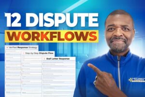 Man pointing to on-screen credit repair templates with bold title '12 Dispute Workflows' — featured image for article on Client Dispute Manager Software, AI credit repair tools, Metro 2 dispute letters, FDCPA compliance, and dispute letter strategies to fix credit report inaccuracies.