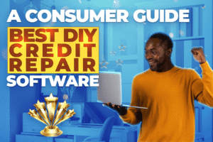 Excited man using laptop celebrating success, with bold text reading 'Best DIY Credit Repair Software – A Consumer Guide' over a modern home office background, symbolizing empowerment through top-rated credit repair tools