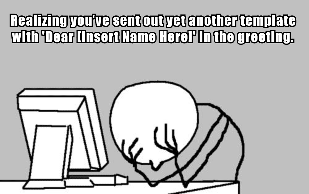 Frustrated person at computer after sending a credit validation letter template with placeholder text in the greeting.