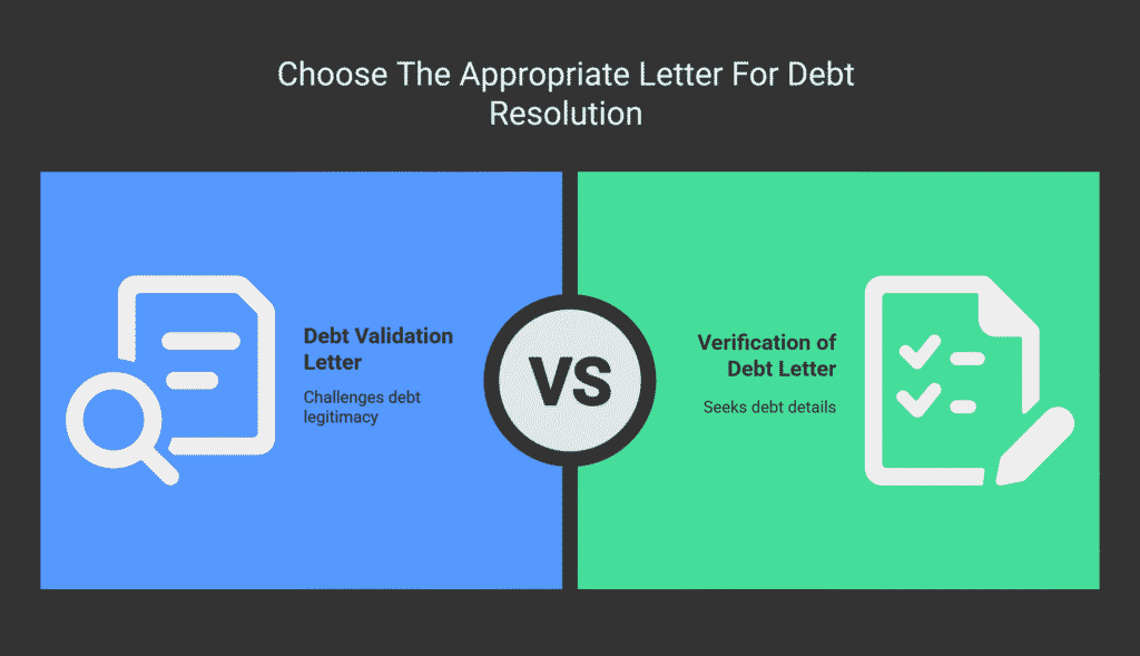 Comparison chart showing the difference between a debt validation letter and a verification of debt letter for debt resolution.
