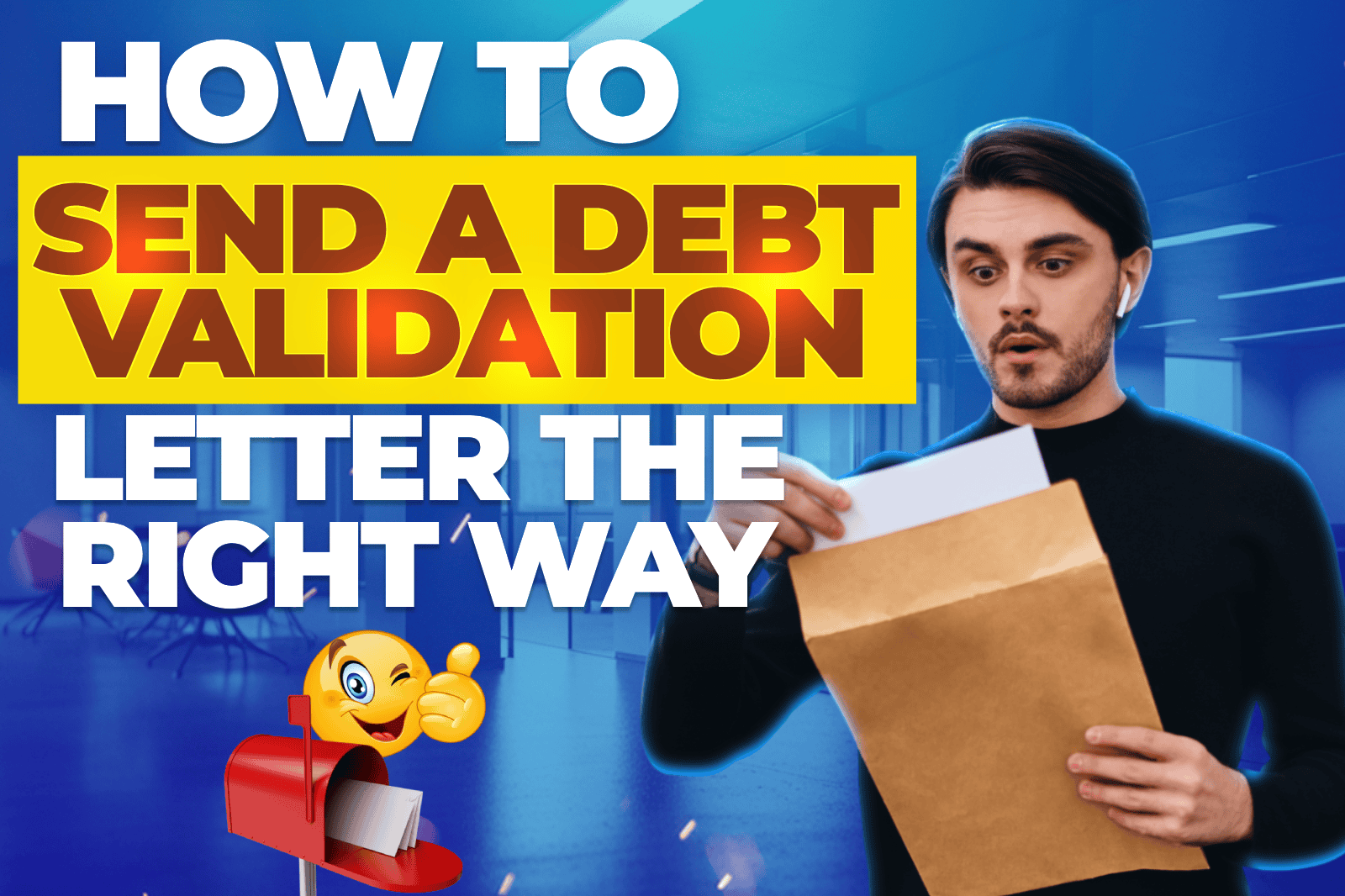Man holding envelope with surprised expression next to bold text reading How to Send a Debt Validation Letter the Right Way.