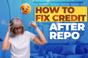 Worried senior woman holding house key with sad emoji and bold text 'How to Fix Credit After Repo' – guide to rebuilding credit after vehicle repossession.
