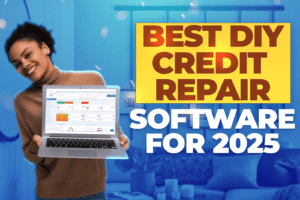 Smiling woman holding a laptop displaying a credit repair dashboard, next to bold text that reads “Best DIY Credit Repair Software for 2025,” highlighting top tools like Client Dispute Manager Software for managing credit reports independently.