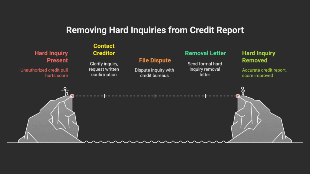 Step-by-step infographic showing how to remove hard inquiries from a credit report—starting with contacting the creditor, filing a dispute, sending a removal letter, and ending with improved credit.
