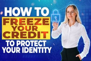 How to freeze your credit to protect your identity – woman in white shirt pressing digital lock icon, identity protection, credit freeze guide, cybersecurity concept.