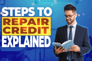 Professional man reading a book with bold text overlay 'Steps to Repair Credit Explained' for credit repair education