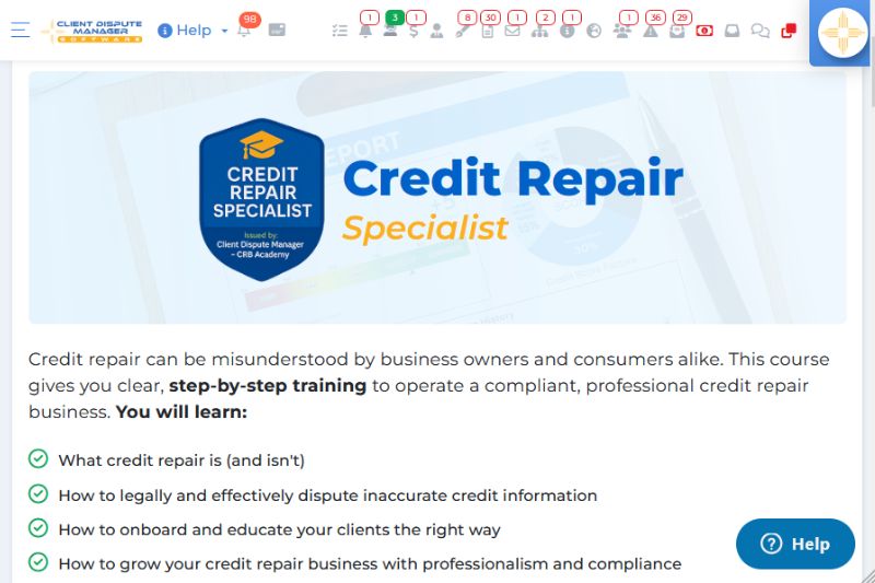 Credit Repair Specialist Certification Course from Client Dispute Manager Software, offering step-by-step credit repair training on disputes, compliance, onboarding, and business growth.