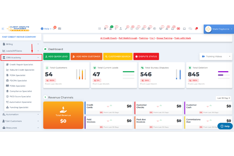 CRB Academy menu inside Client Dispute Manager Software dashboard, showing access to free credit repair certifications including Credit Repair Specialist, FCRA, FDCPA, FCBA, Compliance, FICO Score, Automation, Rebuild Credit, and Business Funding courses.
