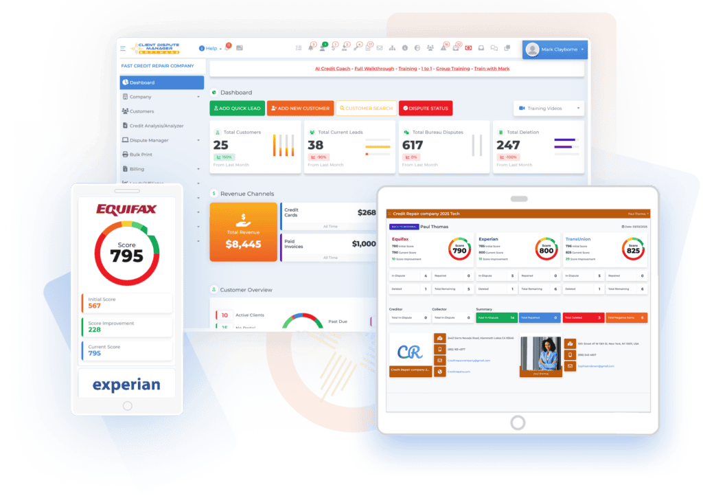 Client Dispute Manager Software dashboard for creating, tracking, and managing factual dispute letters and credit repair cases
