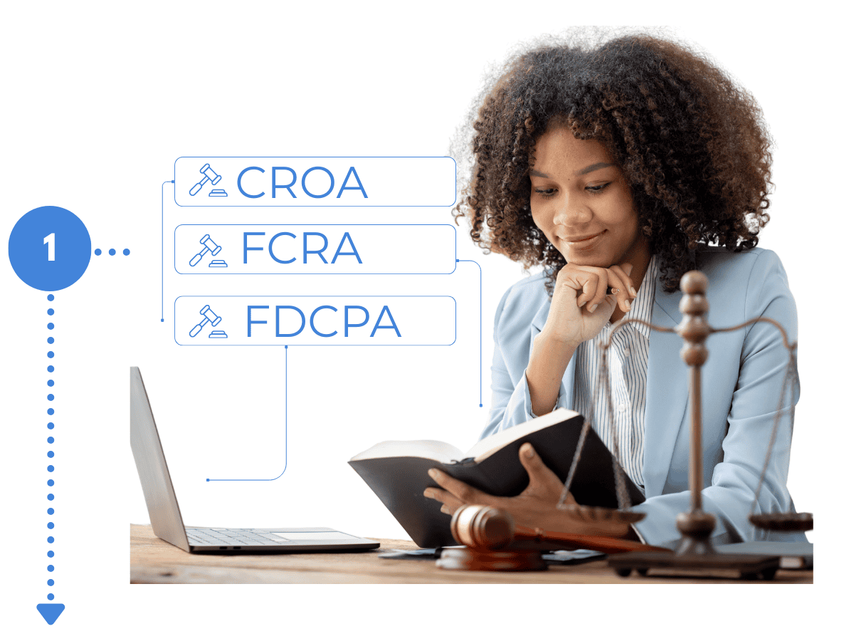 Woman studying credit repair laws CROA, FCRA, and FDCPA while preparing to start a credit repair business, step 1 of the roadmap.