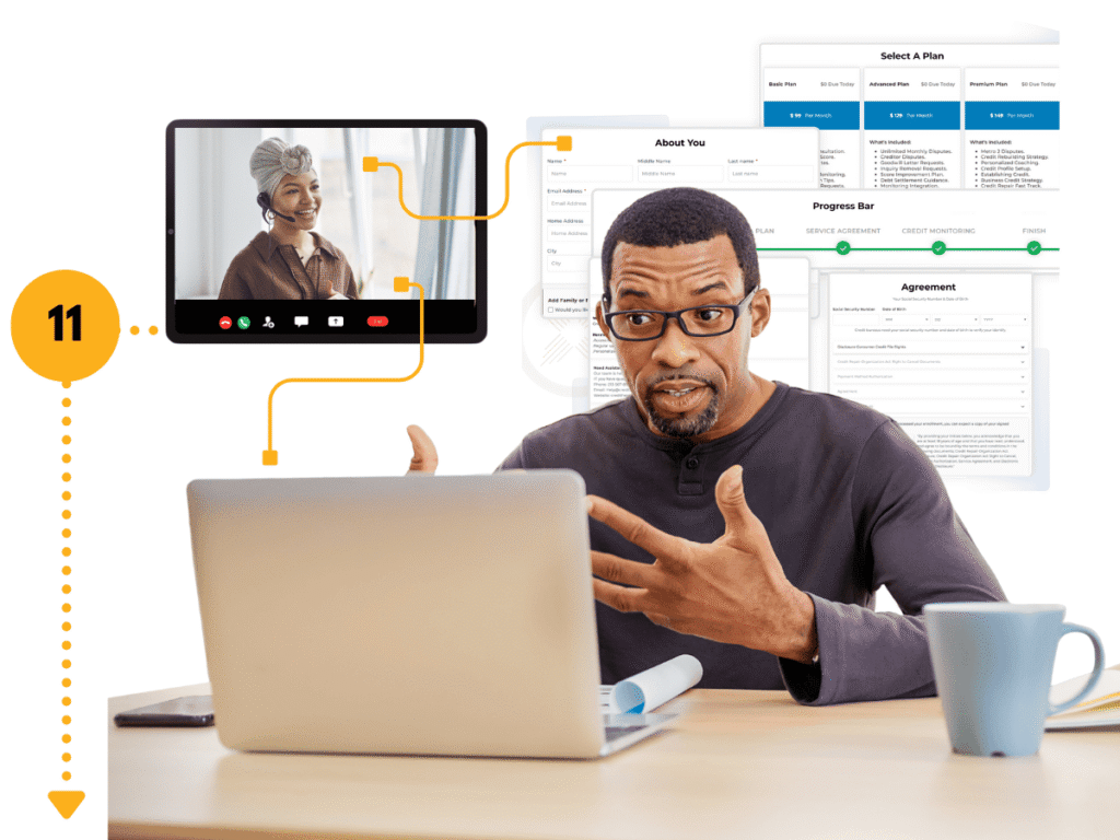 Credit repair consultant onboarding a new client through video call and digital forms, step 11 in the roadmap to start and grow a credit repair business.