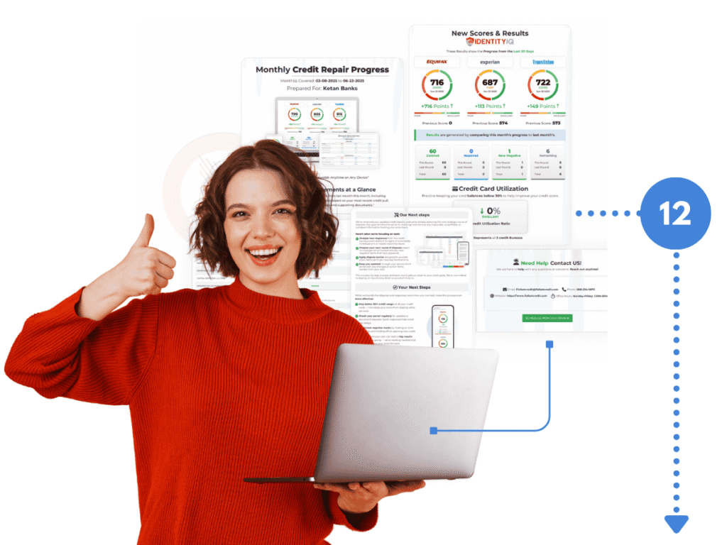 Woman giving thumbs up while reviewing monthly credit repair progress reports and updated credit scores, step 12 in the roadmap to grow a credit repair business.