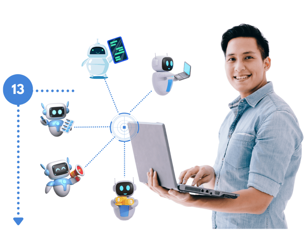 Entrepreneur using laptop with automation bots representing AI tools for task management, step 13 in the roadmap to automate a credit repair business.
