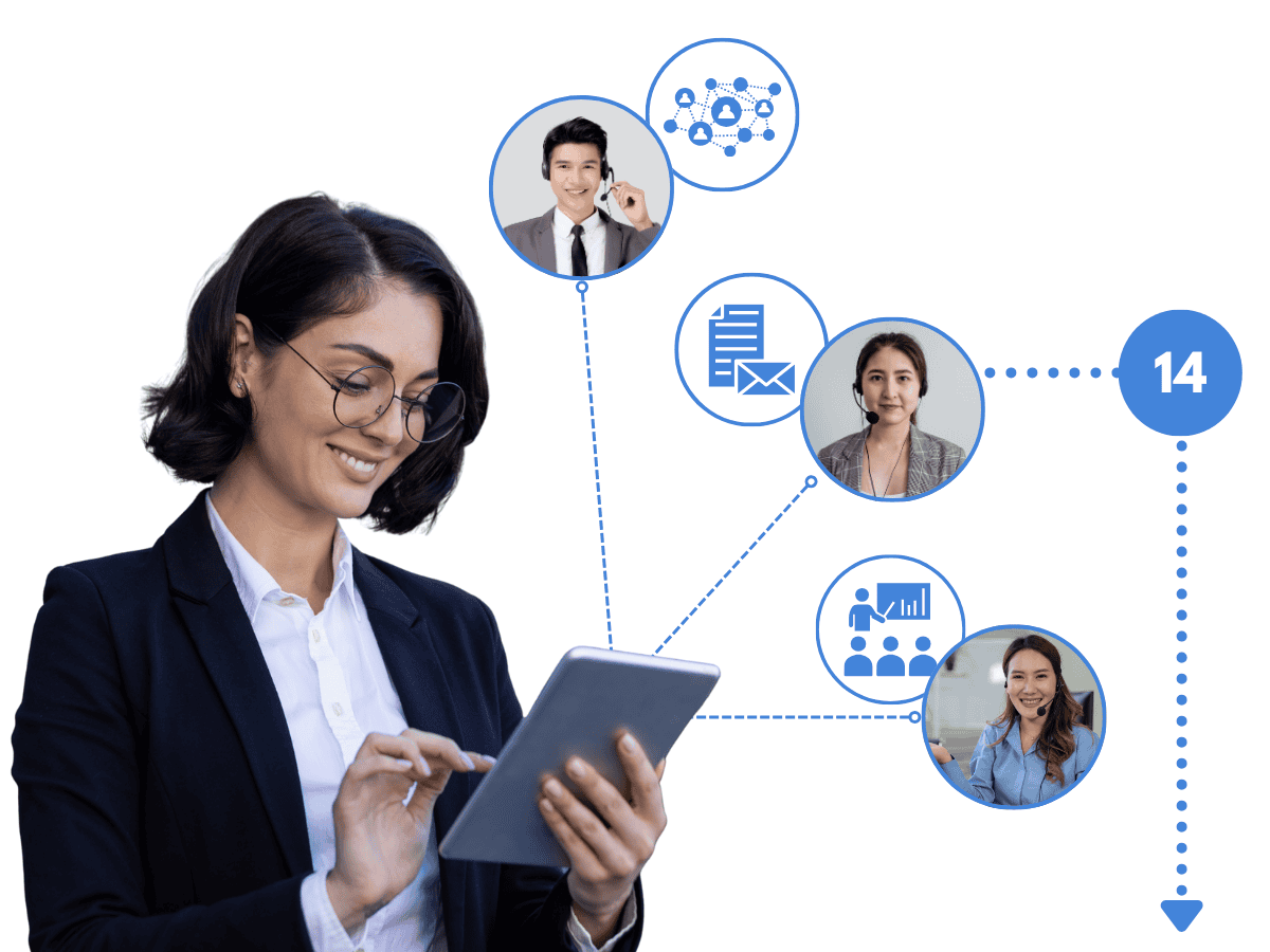 Business professional outsourcing credit repair tasks through virtual assistants and support teams, step 14 in the roadmap to scale a credit repair business