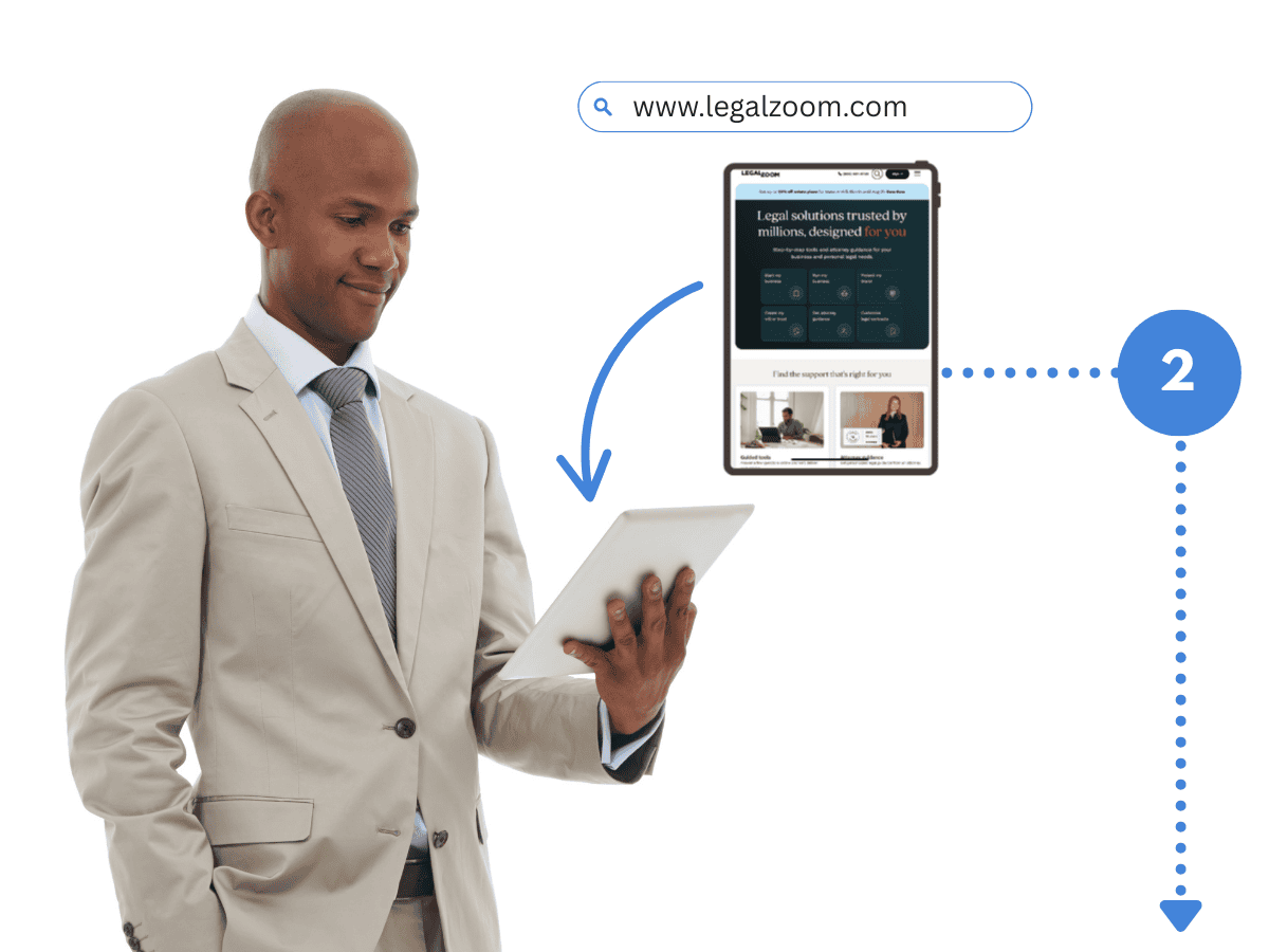 Entrepreneur using tablet to visit LegalZoom for business formation, step 2 in the roadmap to start a credit repair business.
