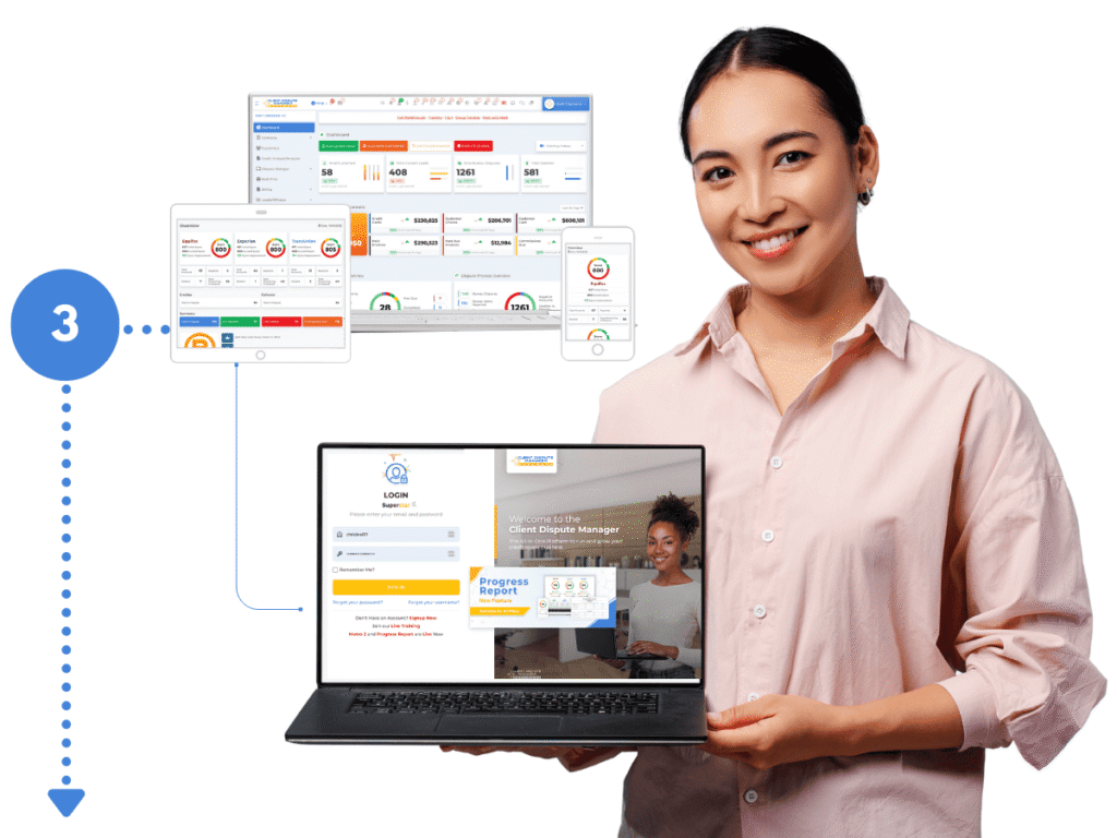 Business owner showcasing Client Dispute Manager Software on laptop, tablet, and mobile devices, step 3 in the roadmap to start a credit repair business.